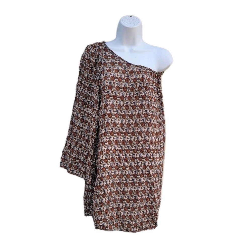 Zara one shoulder printed tunic dress bell sleeve Sz M Brwn Floral Boho Festival